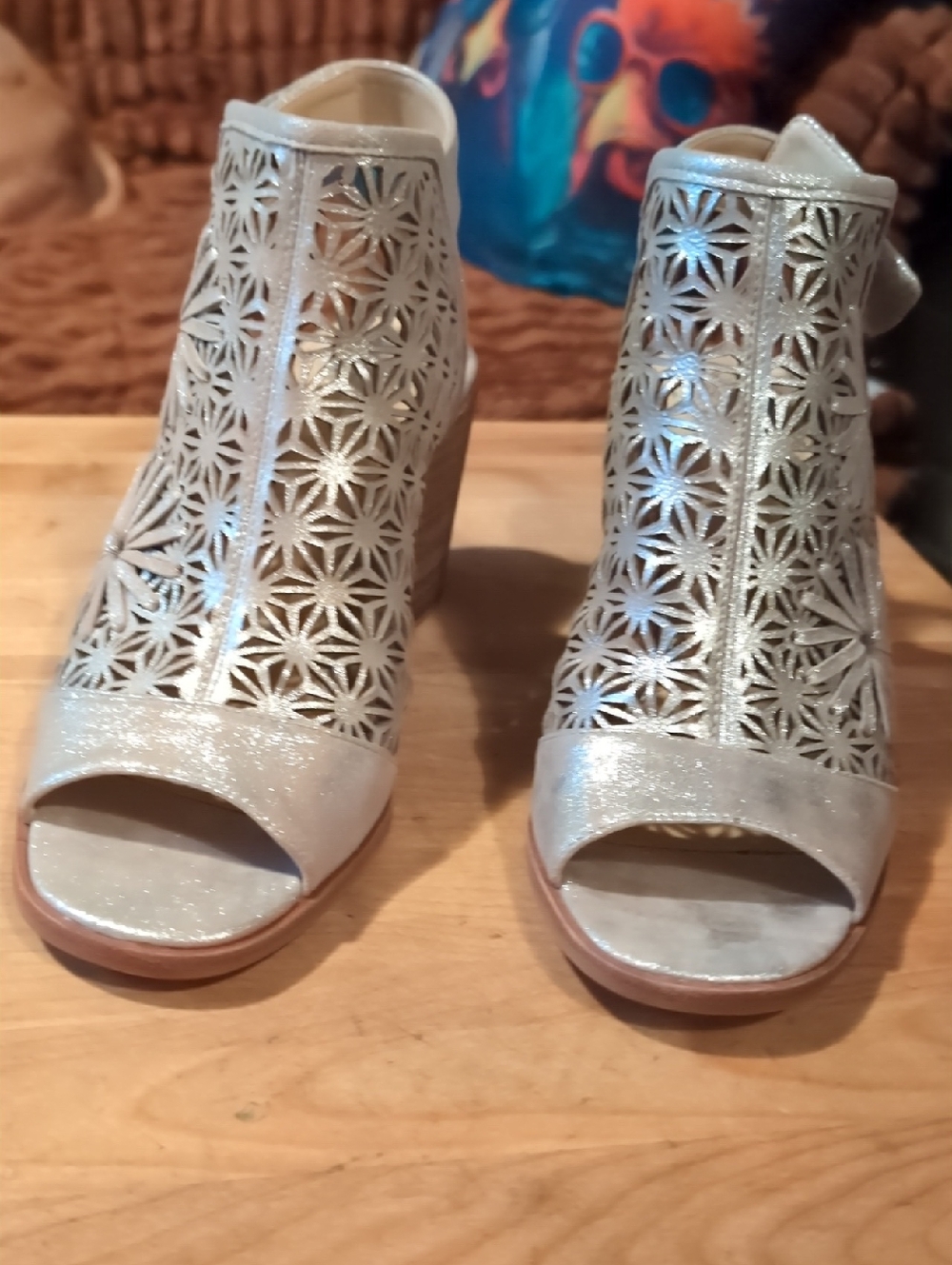 Vince Camuto Metallic Gold Laser-Cut Peep Toe Heeled Sandals.
